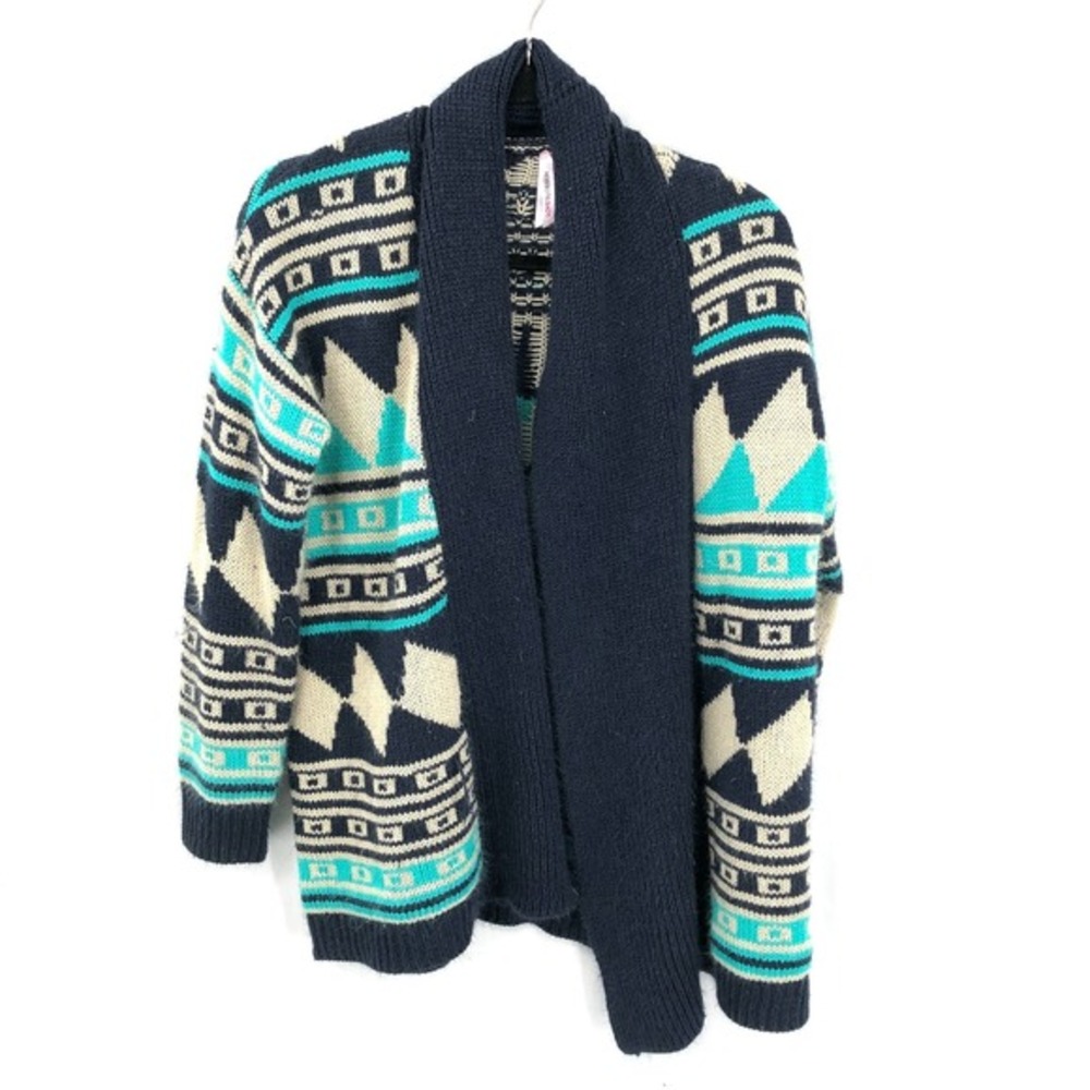 Love by Design open front long sleeved cardigan sweater Blue southwest pattern L